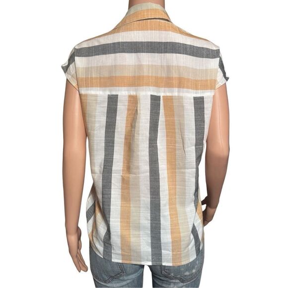 Shop basic women's sleeveless v-neck vertical striped polo tee size S,M - Picture 3 of 7